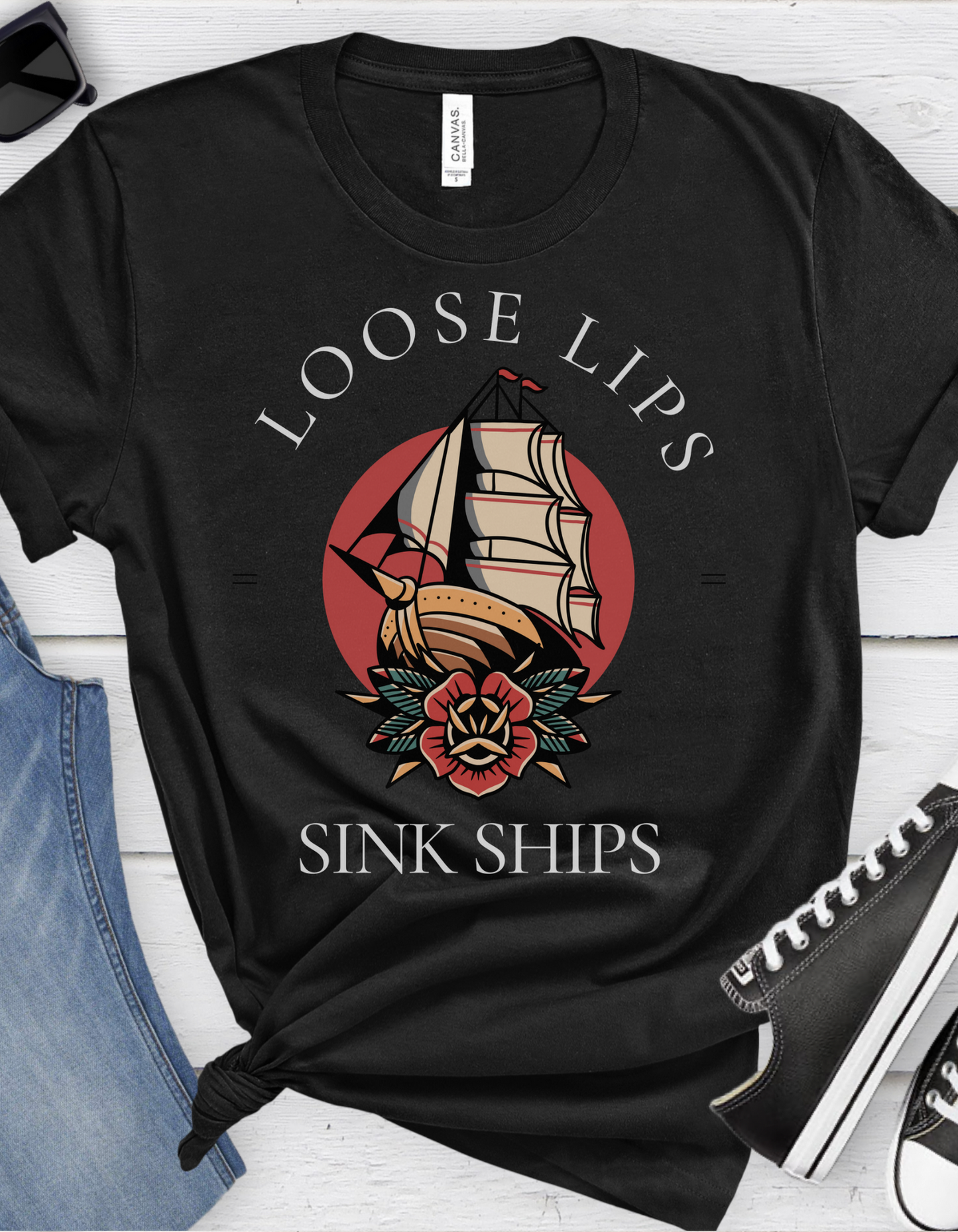 Loose Lips Sink Ships Tattoo T-shirt / Traditional Tattoo Tee Shirt / Punk Rock Clothing Tshirt Rockabilly Psychobilly Freak Goth - Foxlark Crystal Jewelry