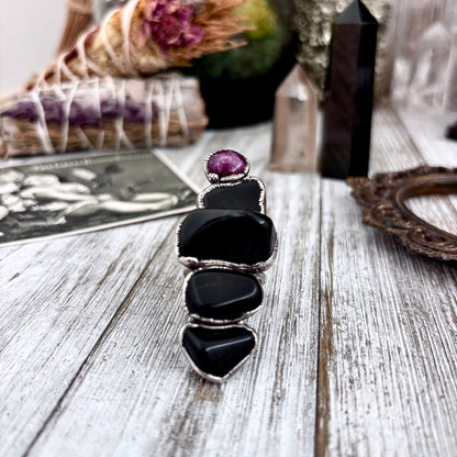 Multi Stone Black Obsidian Star Ruby Ring In Silver Size 8 / Foxlark Collection