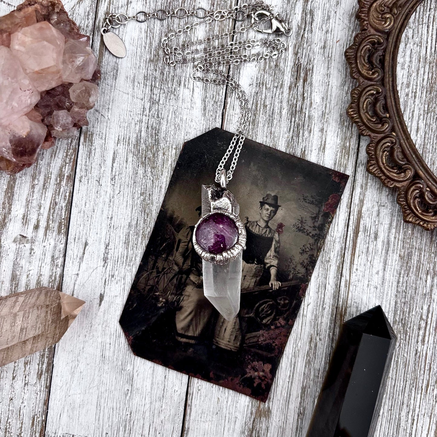 Clear Quartz & Star Ruby Crystal Statement Necklace in Fine Silver / Foxlark Collection - One of a Kind