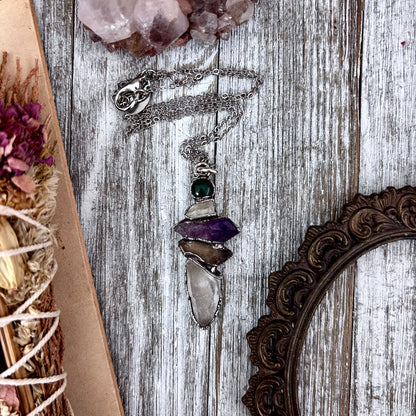 Multi Stone Moss Agate Raw Clear Quartz Raw Smoky Quartz Raw Amethyst Necklace Silver / Foxlark Collection