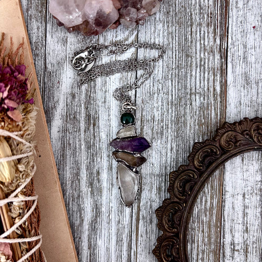 Multi Stone Moss Agate Raw Clear Quartz Raw Smoky Quartz Raw Amethyst Necklace Silver / Foxlark Collection