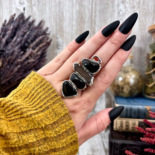 Multi Stone Obsidian Smoky Quartz Carnelian Ring In Silver Size 8 / Foxlark Collection