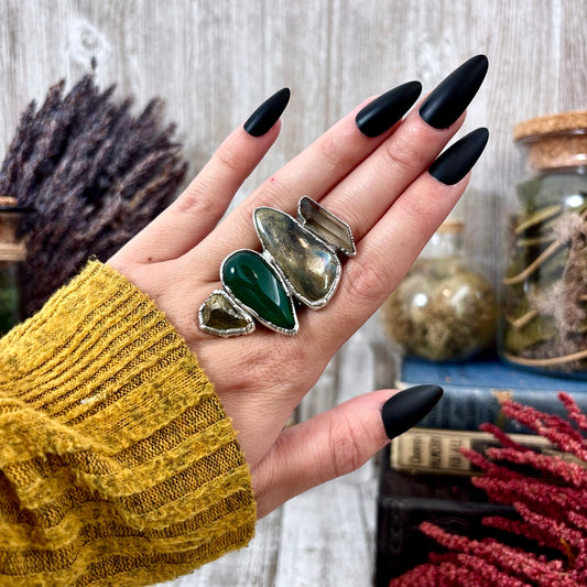Multi Stone Pyrite Green Agate Smoky Quartz Ring In Silver Size 8 / Foxlark Collection