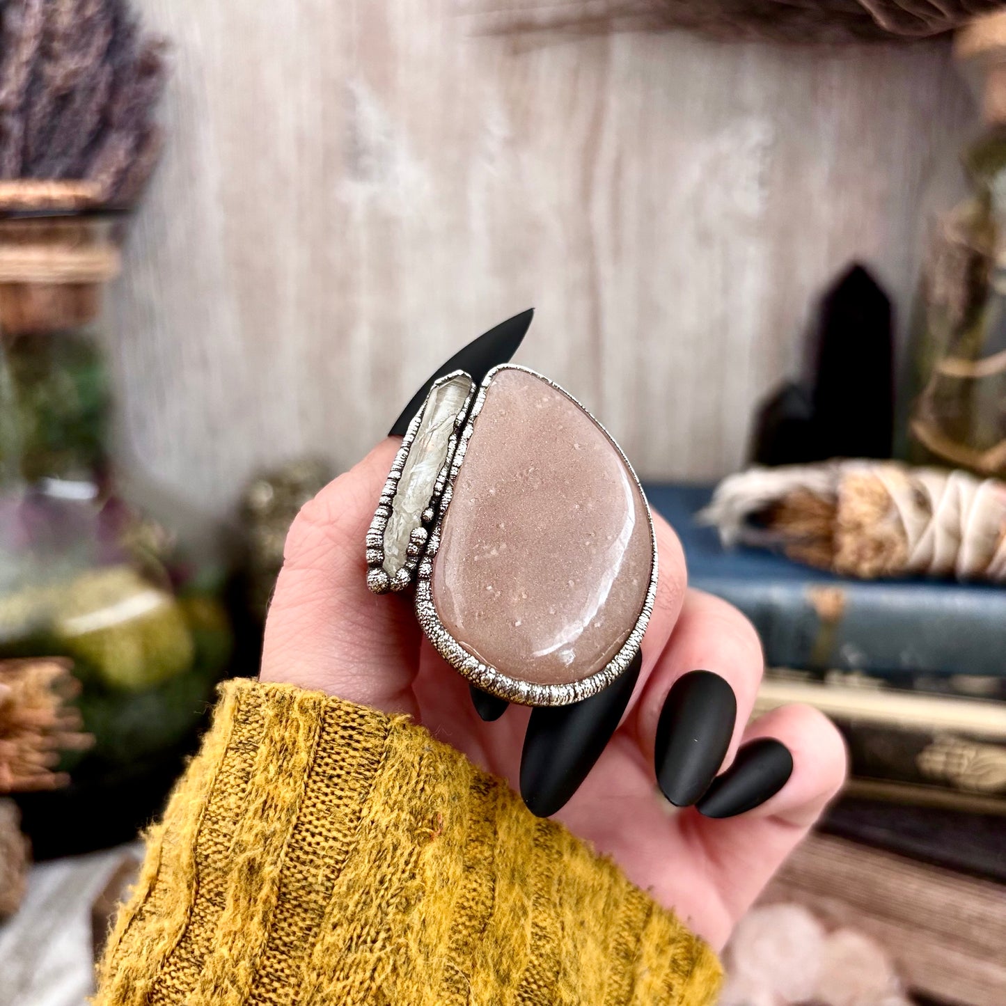 Peach Moonstone Clear Quartz Crystal Ring Set in Fine Silver Size 9 / Foxlark Collection - One of a Kind