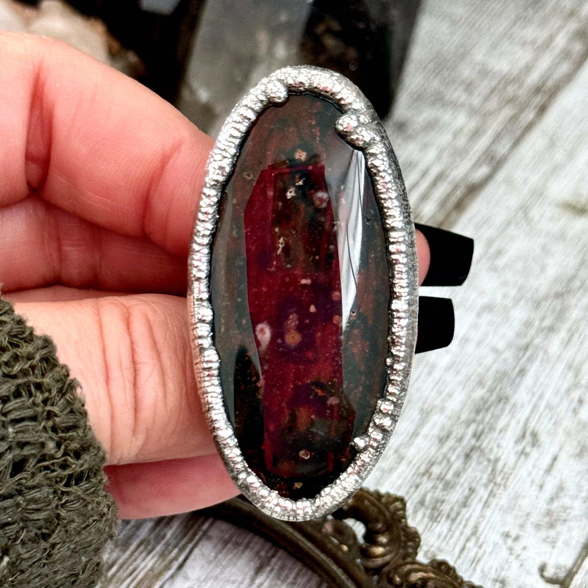 Red Green Bloodstone Ring Silver Size 10.5 Foxlark Crystal Jewelry