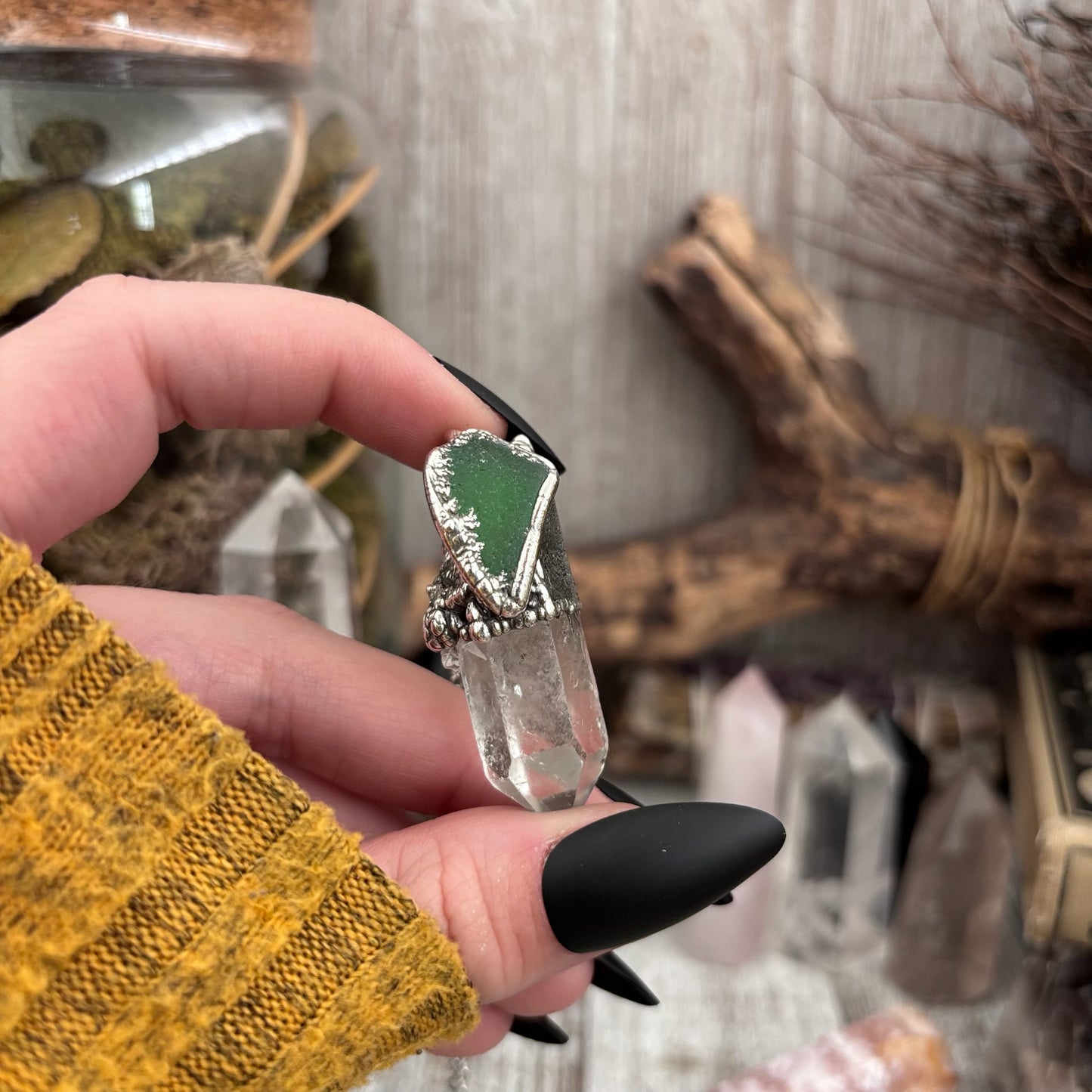 Clear Quartz & Green Sea Glass Crystal Statement Necklace in Fine Silver / Foxlark Collection - One of a Kind