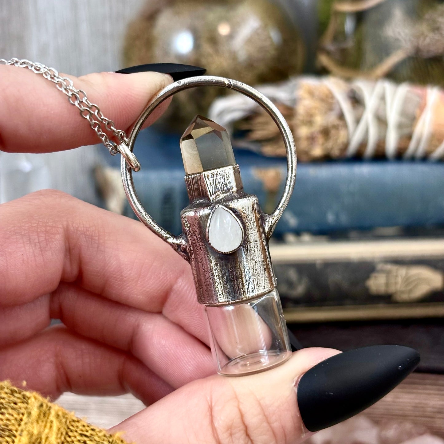 Smoky Quartz and Clear Quartz Crystal Necklace / Silver Rollerball Necklace