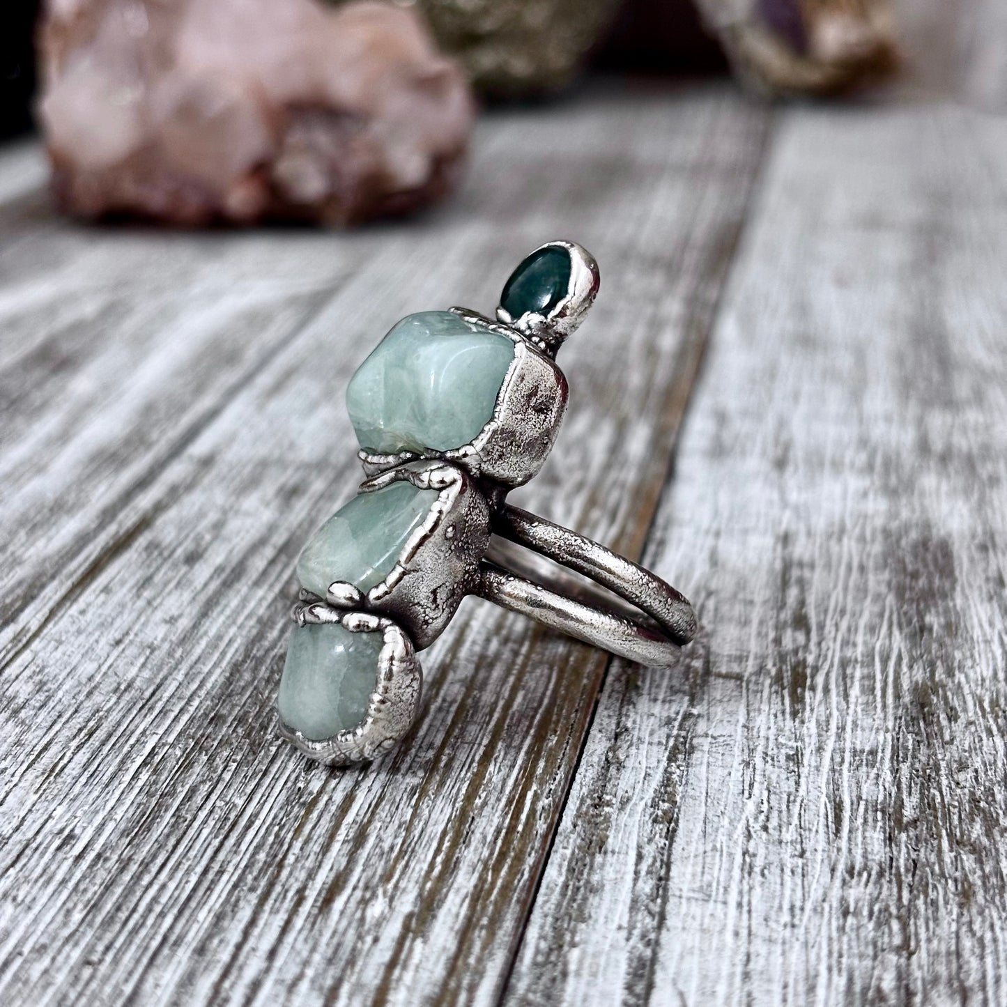 Multi Stone Aquamarine Moss Agate Ring In Silver Size 8.5 / Foxlark Collection