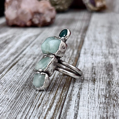 Multi Stone Aquamarine Moss Agate Ring In Silver Size 8.5 / Foxlark Collection