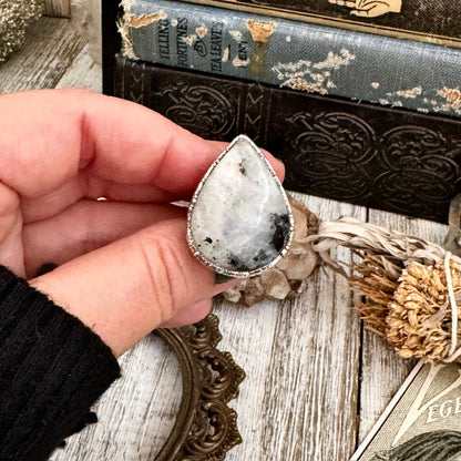 Rainbow Moonstone with Black Tourmaline Ring Silver Size 6.5 / Foxlark Collection