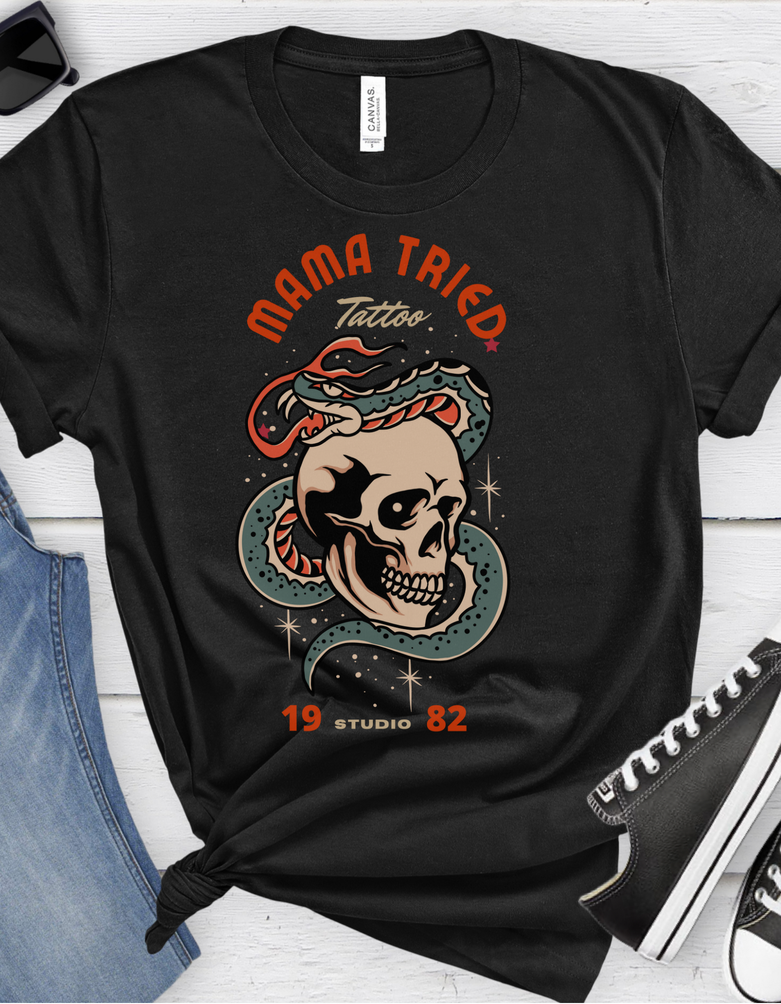 Mama Tried Tattoo studio Snake and Skull Tattoo T-shirt / Vintage Old School Traditional Tattoo Tee Shirt / Punk Rock Clothing Tshirt - Foxlark Crystal Jewelry