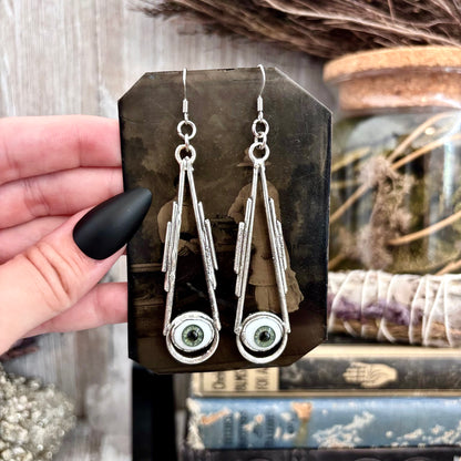 Green Iris Eyeball Fine Silver Earrings / Long Dangle Witchy Earrings
