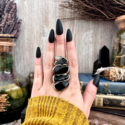 Multi Stone Black Obsidian Clear Quartz Ring In Silver Size 8.5 / Foxlark Collection