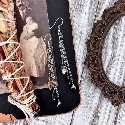Citrine Smoky Quartz Black Onyx Beaded Fringe Earrings / Long Dangle Witchy Earrings