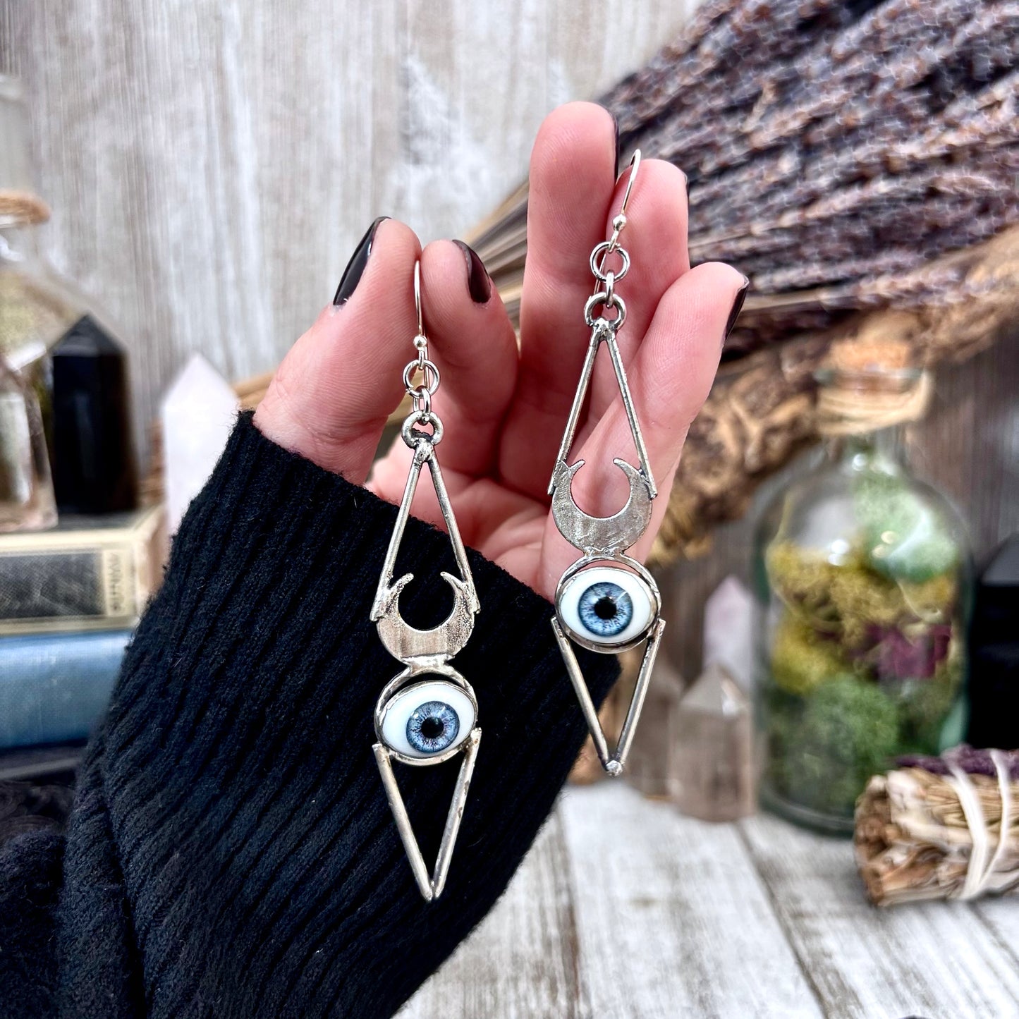 Blue Iris Eyeball Fine Silver Earrings / Long Dangle Witchy Earrings