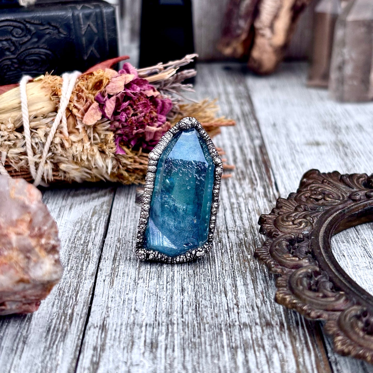 Aqua Aura Quartz Crystal Ring Set in Fine Silver Size 10 / Foxlark Collection - One of a Kind