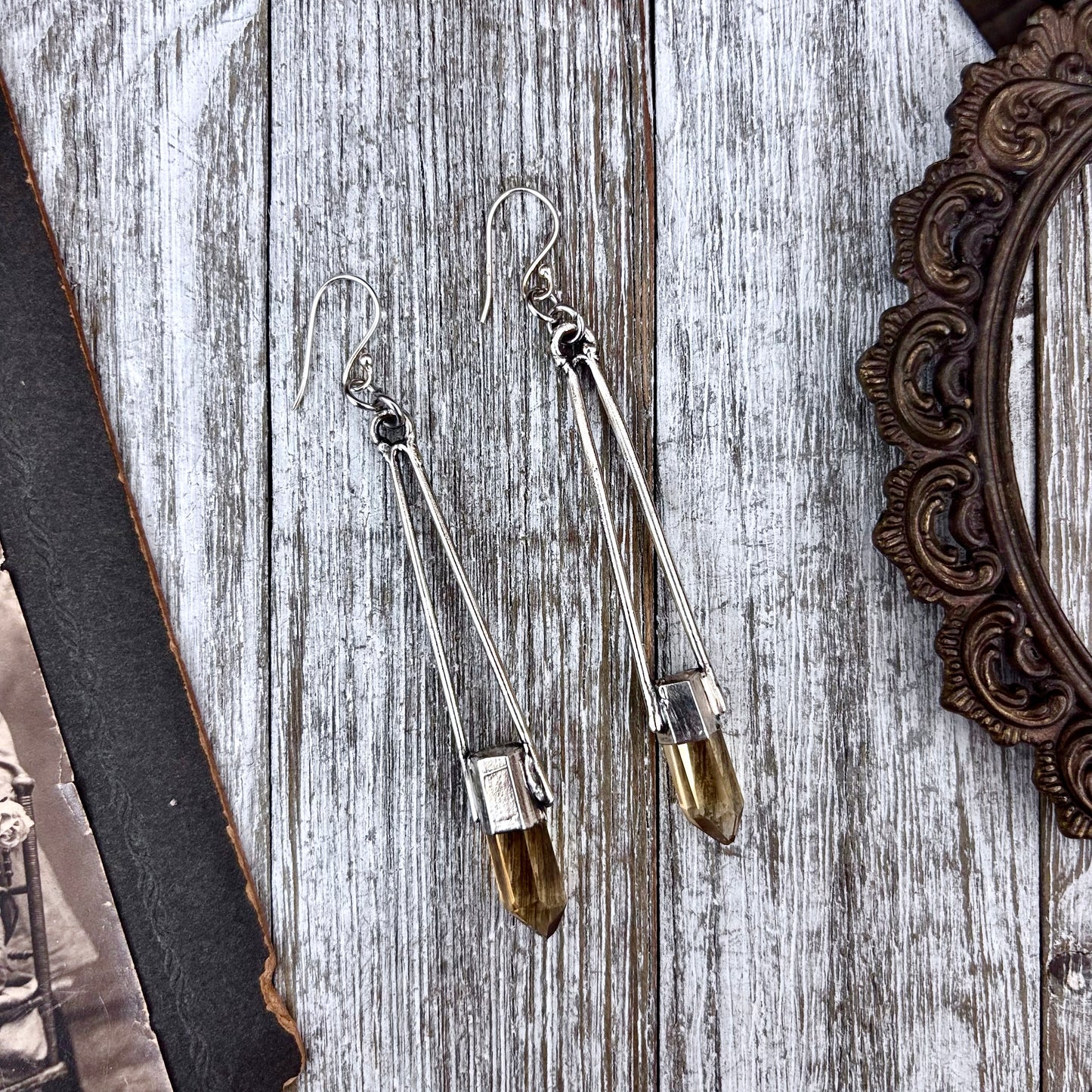 Citrine Fine Silver Crystal Earrings / Long Dangle Witchy Earrings