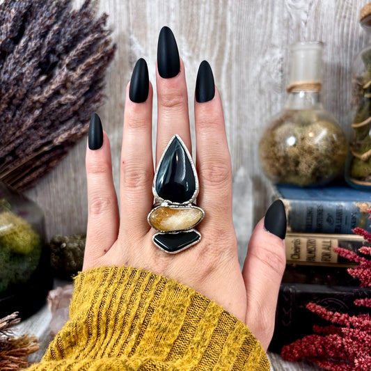 Multi Stone Obsidian Citrine Spiderweb Obsidian Ring In Silver Size 8.5 / Foxlark Collection