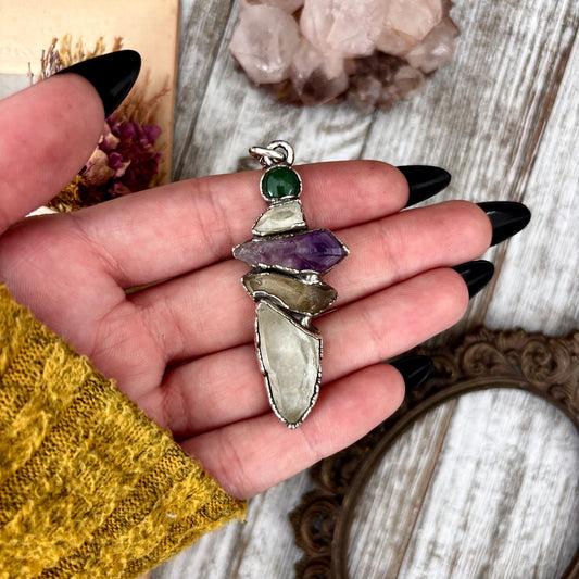 Multi Stone Moss Agate Raw Clear Quartz Raw Smoky Quartz Raw Amethyst Necklace Silver / Foxlark Collection