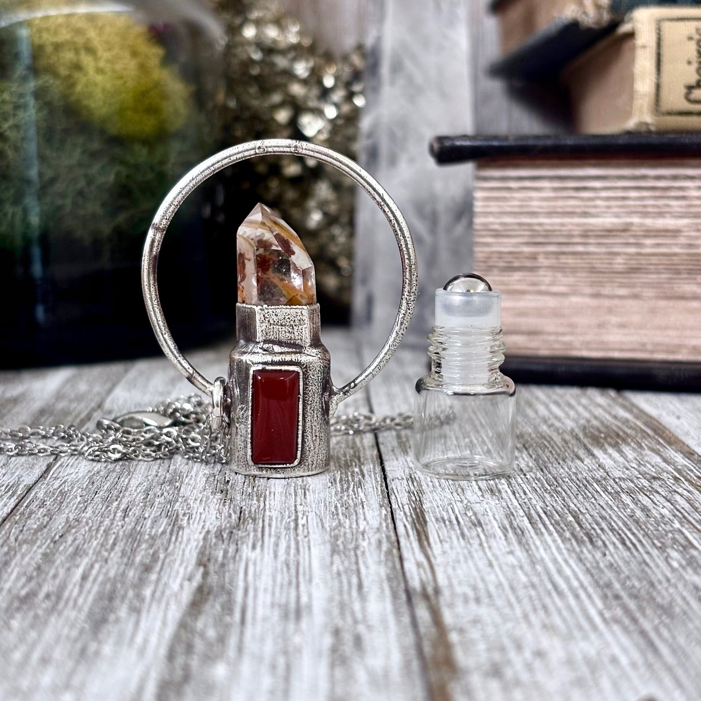 Garden Quartz and Carnelian Crystal Necklace / Silver Rollerball Necklace