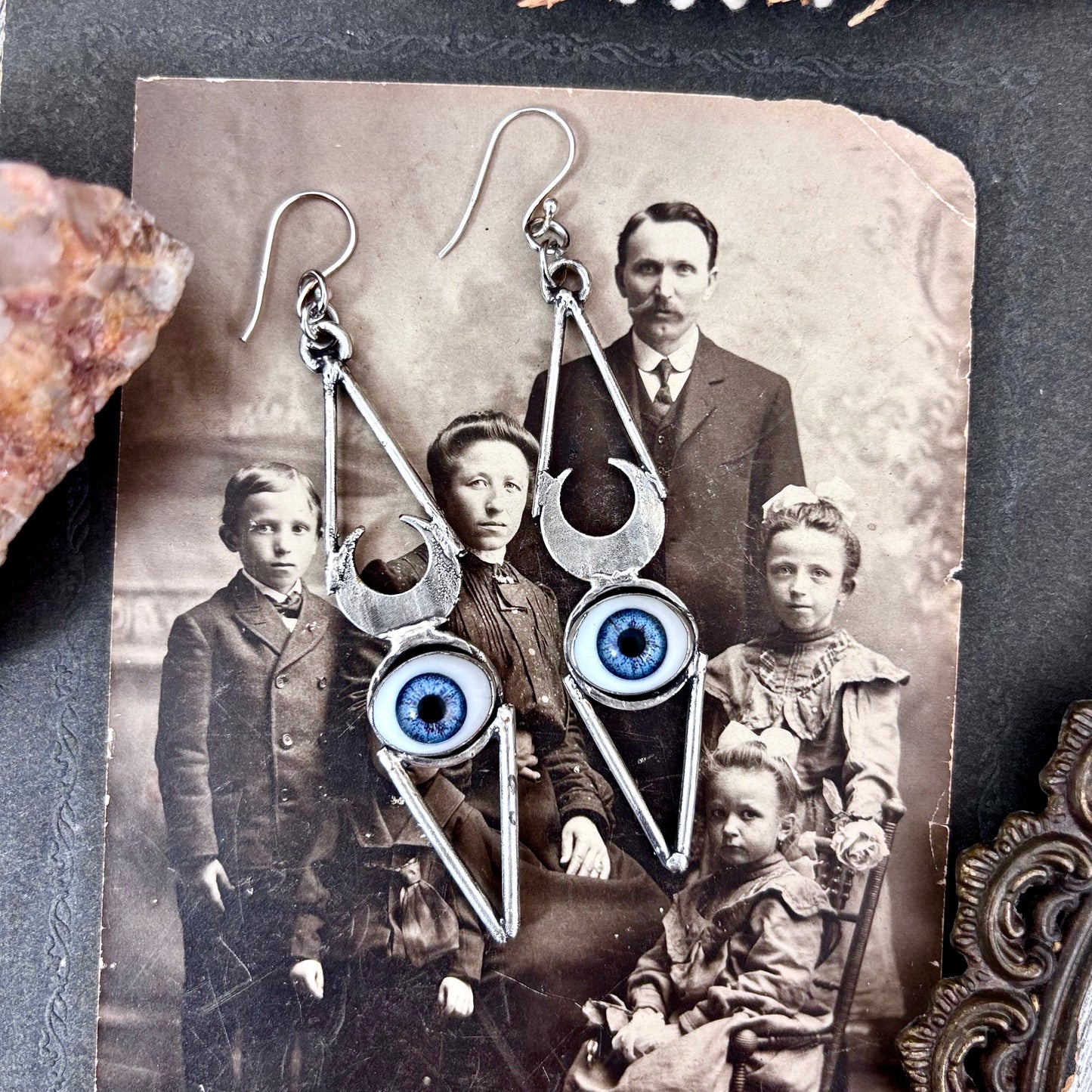 Blue Iris Eyeball Fine Silver Earrings / Long Dangle Witchy Earrings