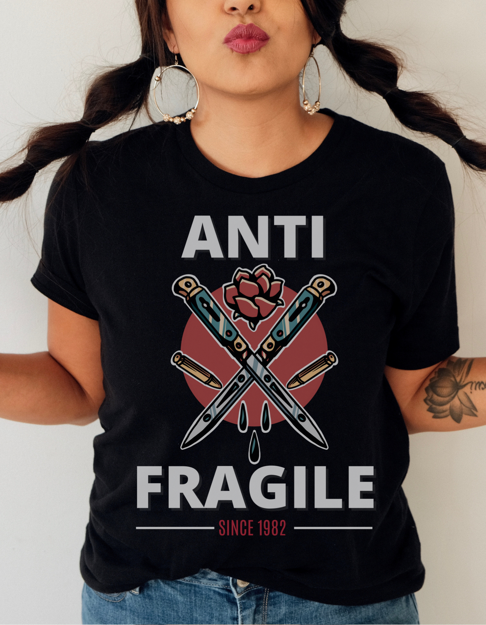 Anti Fragile Tattoo T-shirt / Switchblade Knife Rose Bullet Unisex Vintage Traditional Tattoo Tee Shirt / Punk Rock Clothing Tshirt - Foxlark Crystal Jewelry