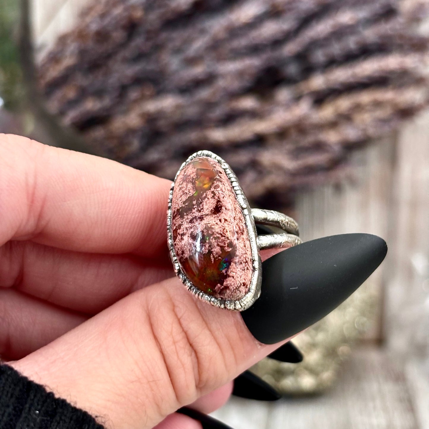 Fire Opal Crystal Ring Set in Fine Silver Size 9 / Foxlark Collection - One of a Kind