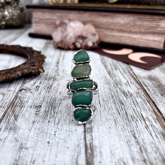 Multi Stone Aventurine Crystal Ring Set in Fine Silver Size 9 / Foxlark Collection - One of a Kind