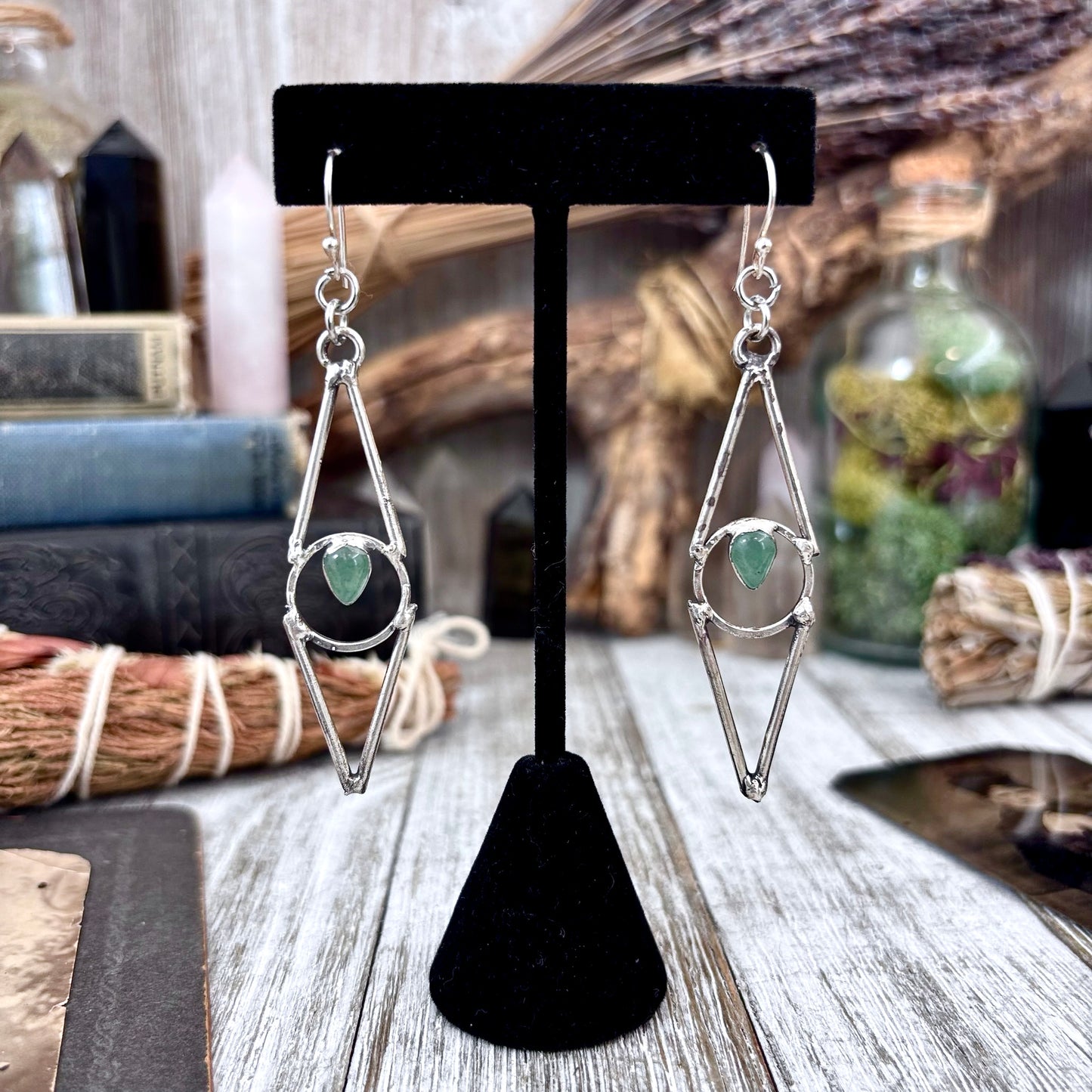 Aventurine Fine Silver Crystal Earrings / Long Dangle Witchy Earrings