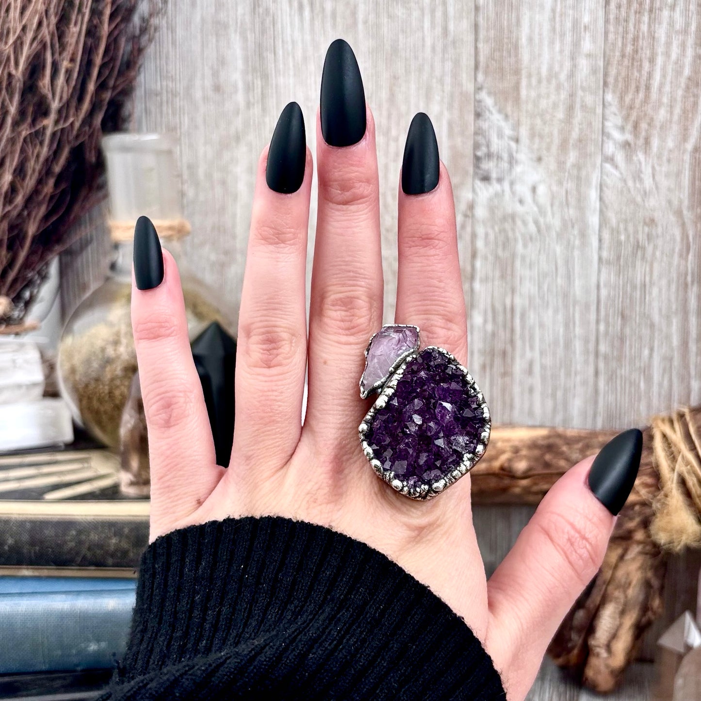 Raw Purple Amethyst Crystal Geode Ring in Fine Silver Size 8 / Foxlark Collection