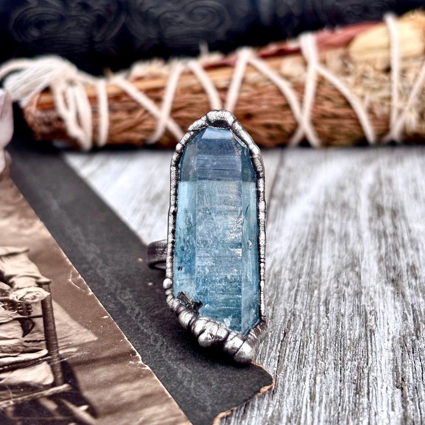 Aqua Aura Quartz Crystal Ring Set in Fine Silver Size 7.5 / Foxlark Collection - One of a Kind