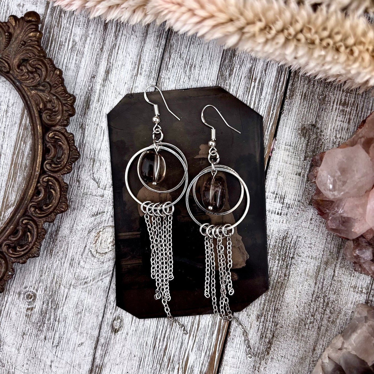 Smoky Quartz Hoop Fringe Earrings / Long Dangle Witchy Earrings