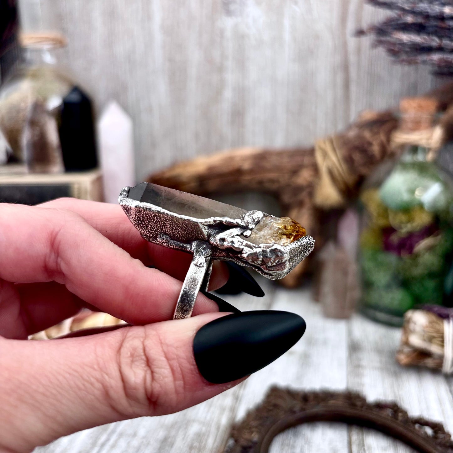 Two Stone Raw Smoky Quartz and Citrine Ring in Fine Silver Size 8.5 / Foxlark Collection - One of a Kind