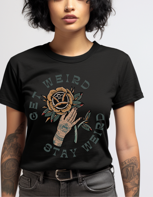 Get Weird Stay Weird Tattoo T-shirt / Tattooed Hand With Rose Unisex Vintage Traditional Tattoo Tee Shirt / Punk Rock Clothing Tshirt - Foxlark Crystal Jewelry