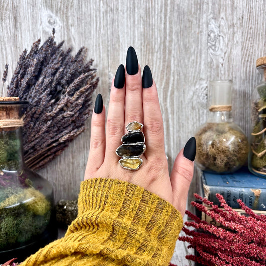 Multi Stone Citrine Black Obsidian Smoky Quartz Ring In Silver Size 7 / Foxlark Collection