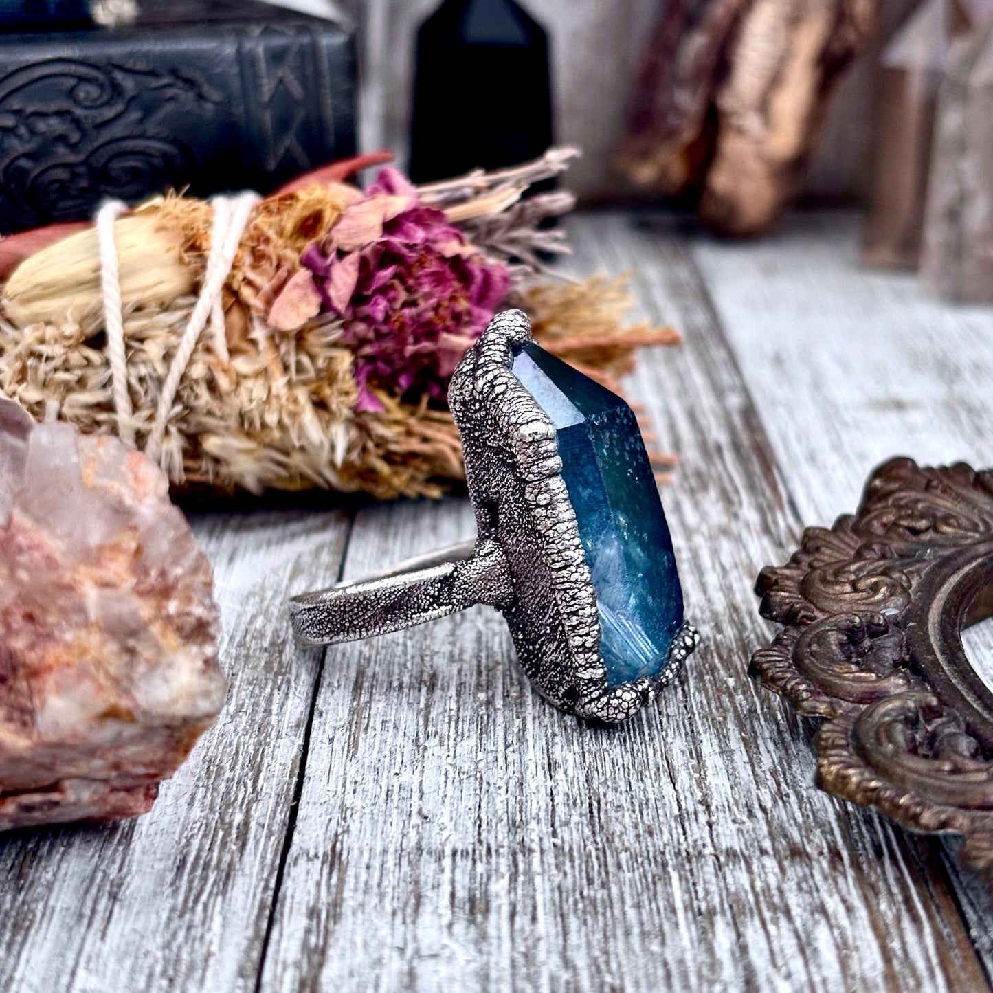 Aqua Aura Quartz Crystal Ring Set in Fine Silver Size 10 / Foxlark Collection - One of a Kind