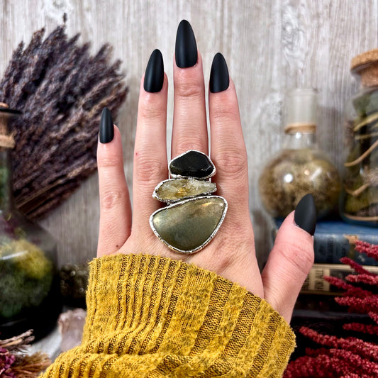 Multi Stone Black Obsidian Citrine Pyrite Ring In Silver Size 8/ Foxlark Collection
