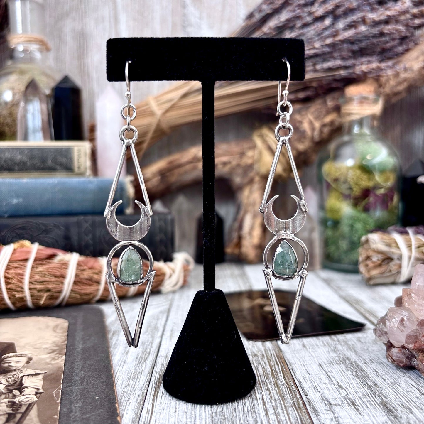Blue Kyanite Fine Silver Crystal Earrings / Long Dangle Witchy Earrings