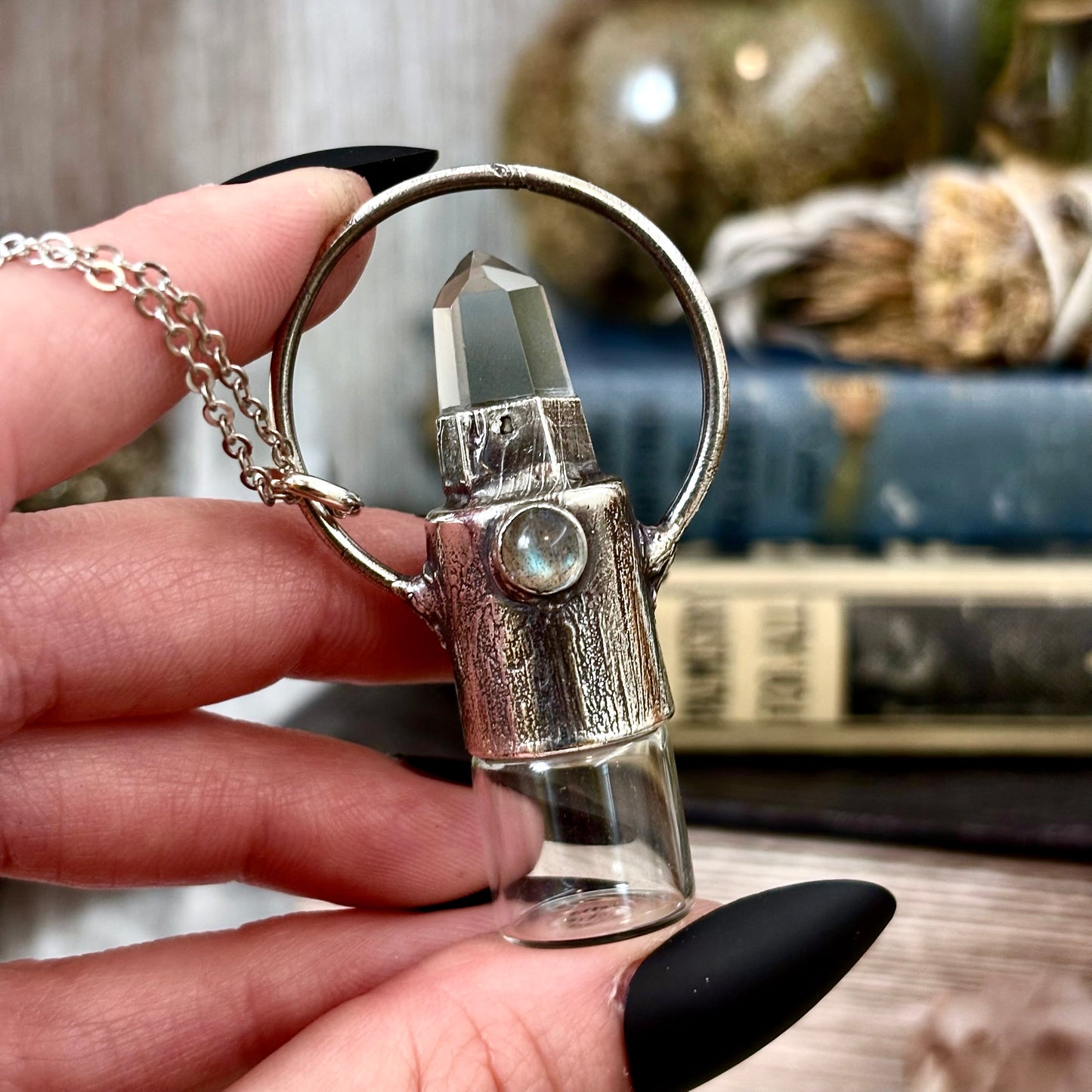Clear Quartz and Labradorite Crystal Necklace / Silver Rollerball Necklace