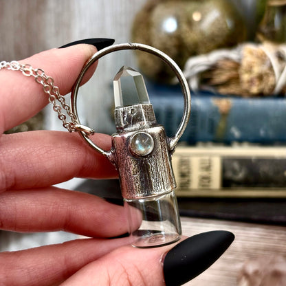 Clear Quartz and Labradorite Crystal Necklace / Silver Rollerball Necklace
