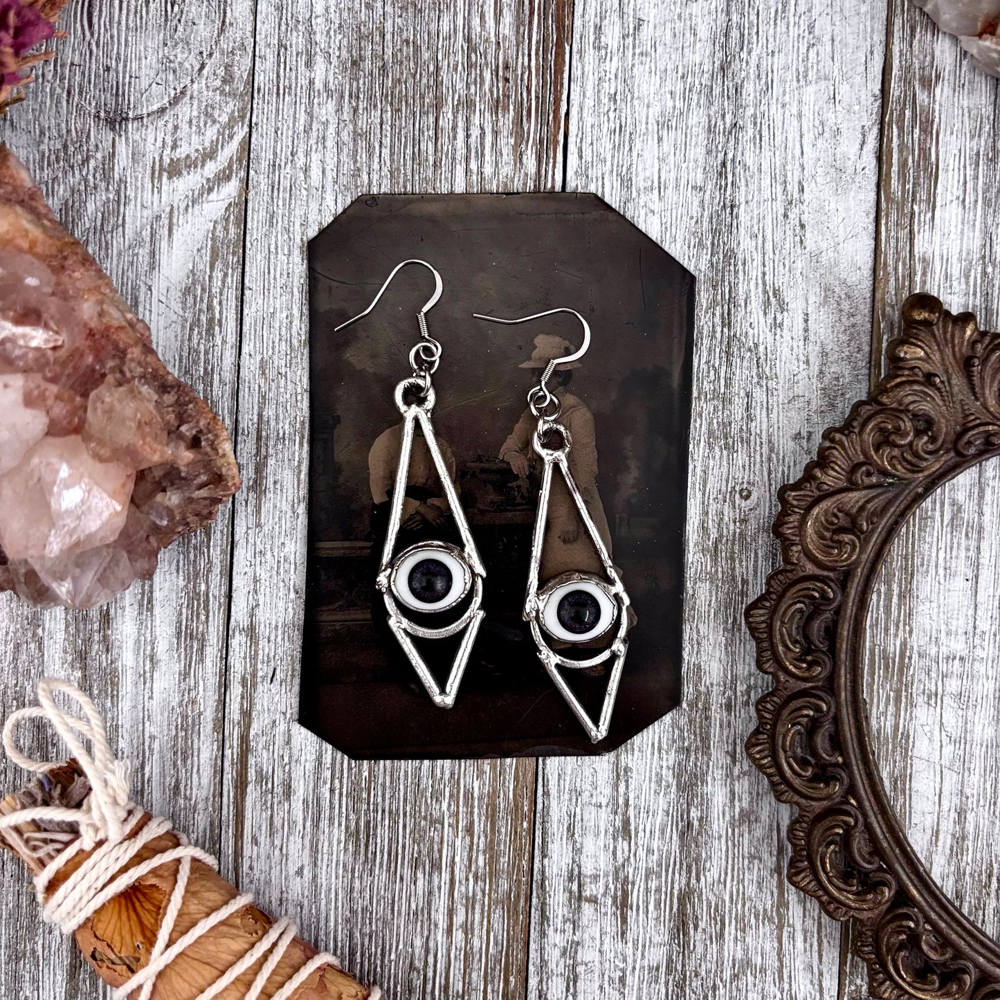 Grey Iris Eyeball Fine Silver Earrings / Long Dangle Witchy Earrings