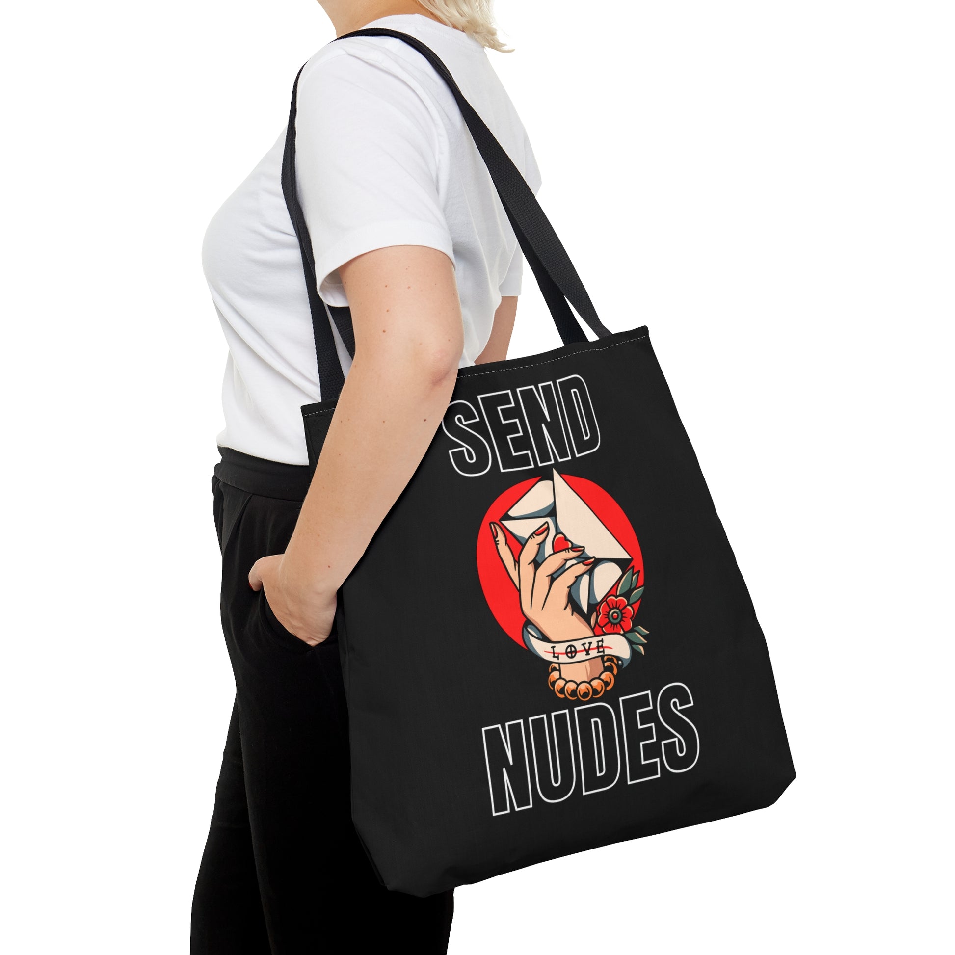 Send Nudes Tattoo Tote Bag in Black / Vintage American Old School Traditional Tattoo, Punk Rock Alternative Beach Bag Shopping Bag Book Bag - Foxlark Crystal Jewelry