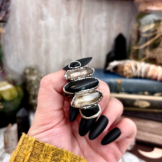 Multi Stone Obsidian Clear Quartz Ring In Silver Size 8.5 / Foxlark Collection