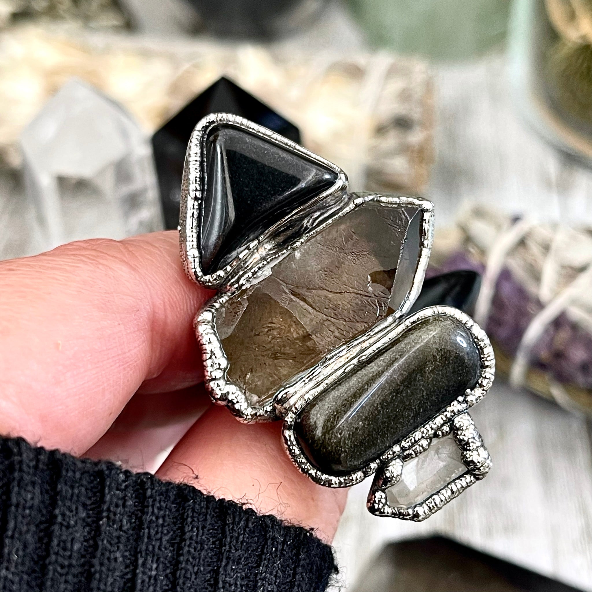 Size 10 Four Stone Black Onyx Silver Sheen Obsidian Smokey Quartz Cl Foxlark Crystal Jewelry