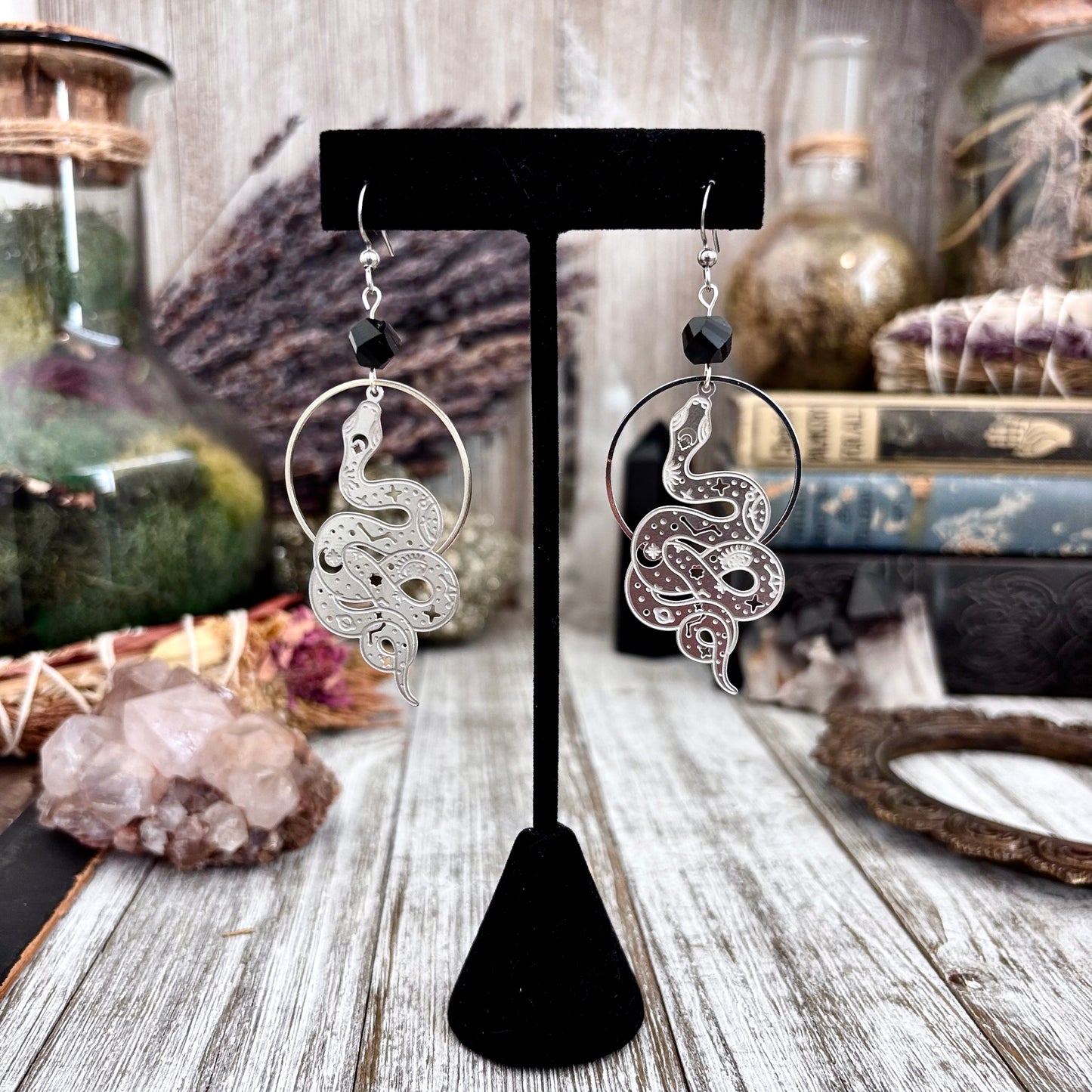 Constellations Snake Black Obsidian Beaded Hoop Earrings Stainless Steel Earrings