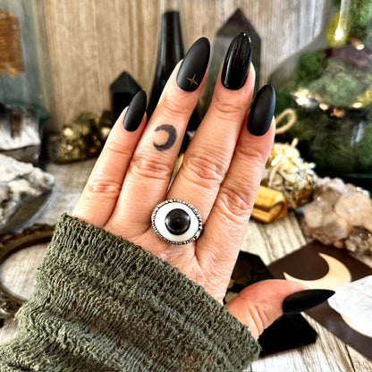 Grey Iris Glass Eye Statement Ring Silver Size 11  / Foxlark Collection FOXLARK