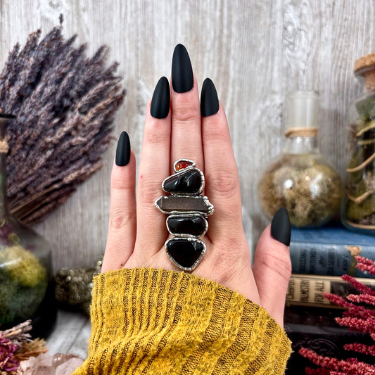 Multi Stone Obsidian Smoky Quartz Carnelian Ring In Silver Size 8 / Foxlark Collection