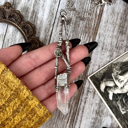 Raw Clear Quartz Moss Agate Crystal Necklace in Silver / Sticks & Stones Collection