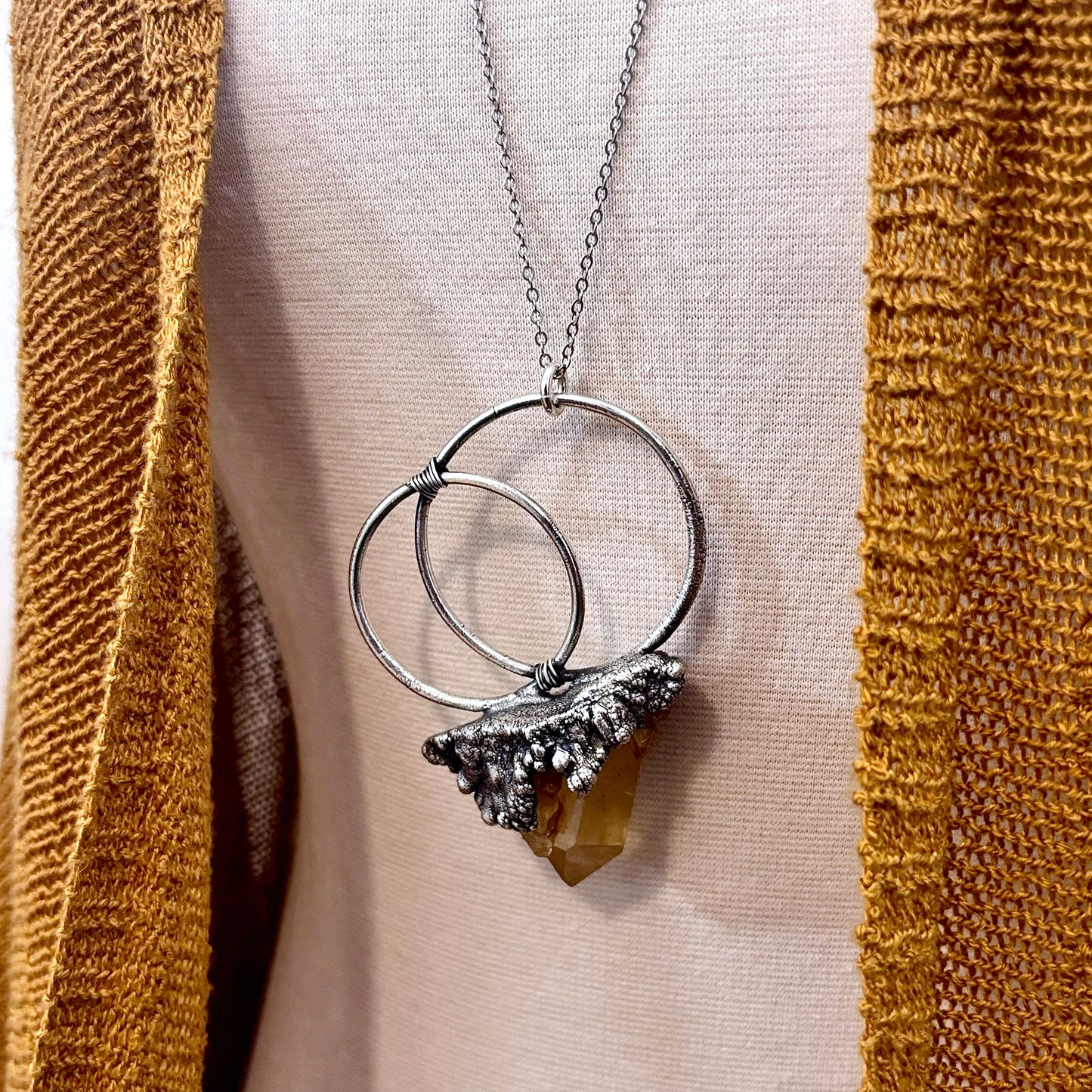 Big Raw Tangerine Quartz Crystal Necklace in Fine Silver / Foxlark Collection - One of a Kind