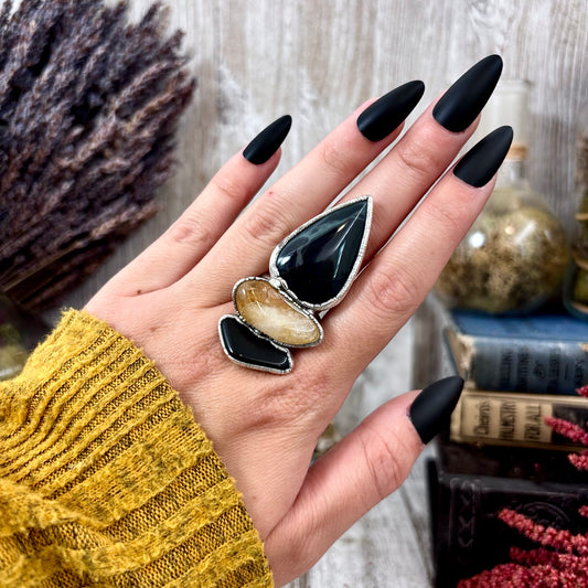 Multi Stone Obsidian Citrine Spiderweb Obsidian Ring In Silver Size 8.5 / Foxlark Collection